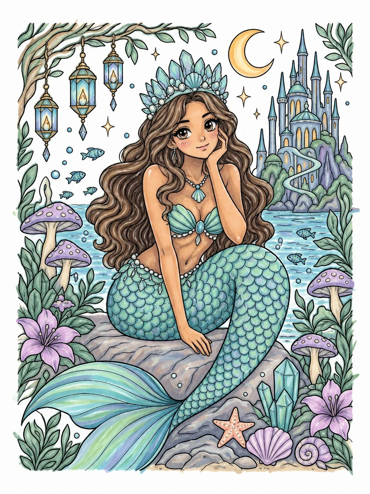 Colored example of the Anime Mermaid Princess With Crystal Crown coloring page