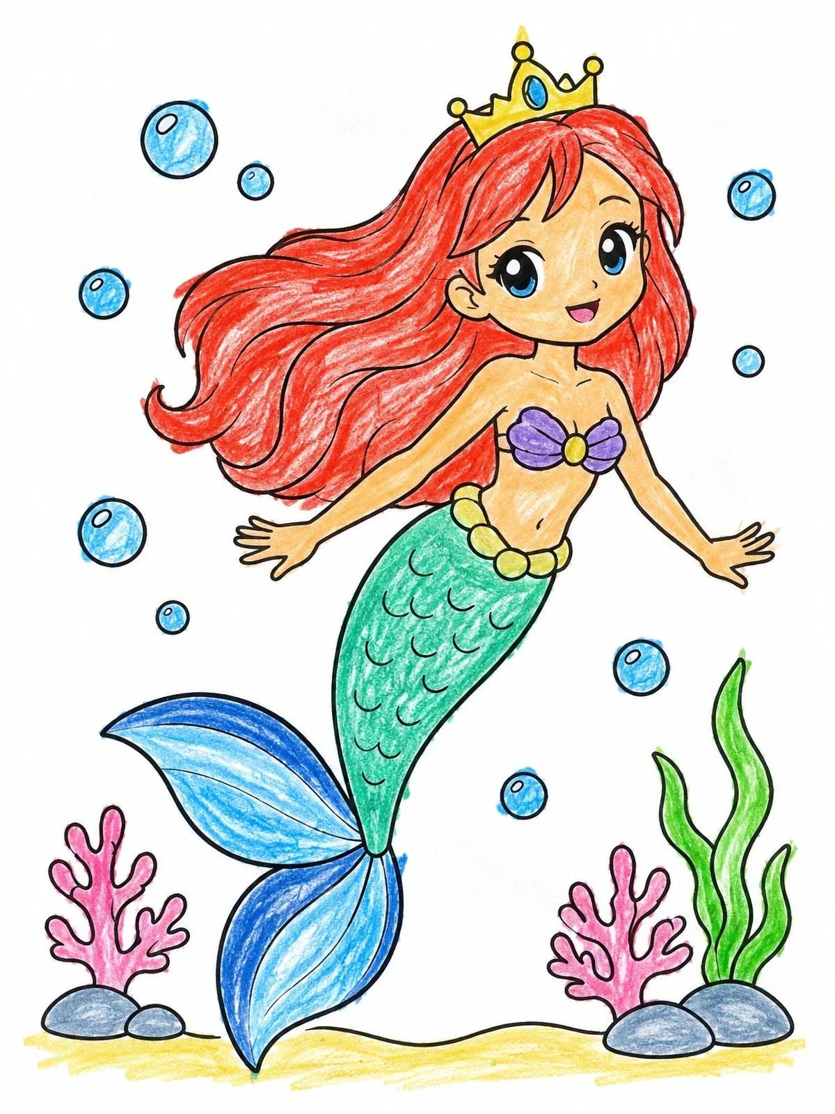 Colored example of the Anime Mermaid Princess Swimming Underwater coloring page
