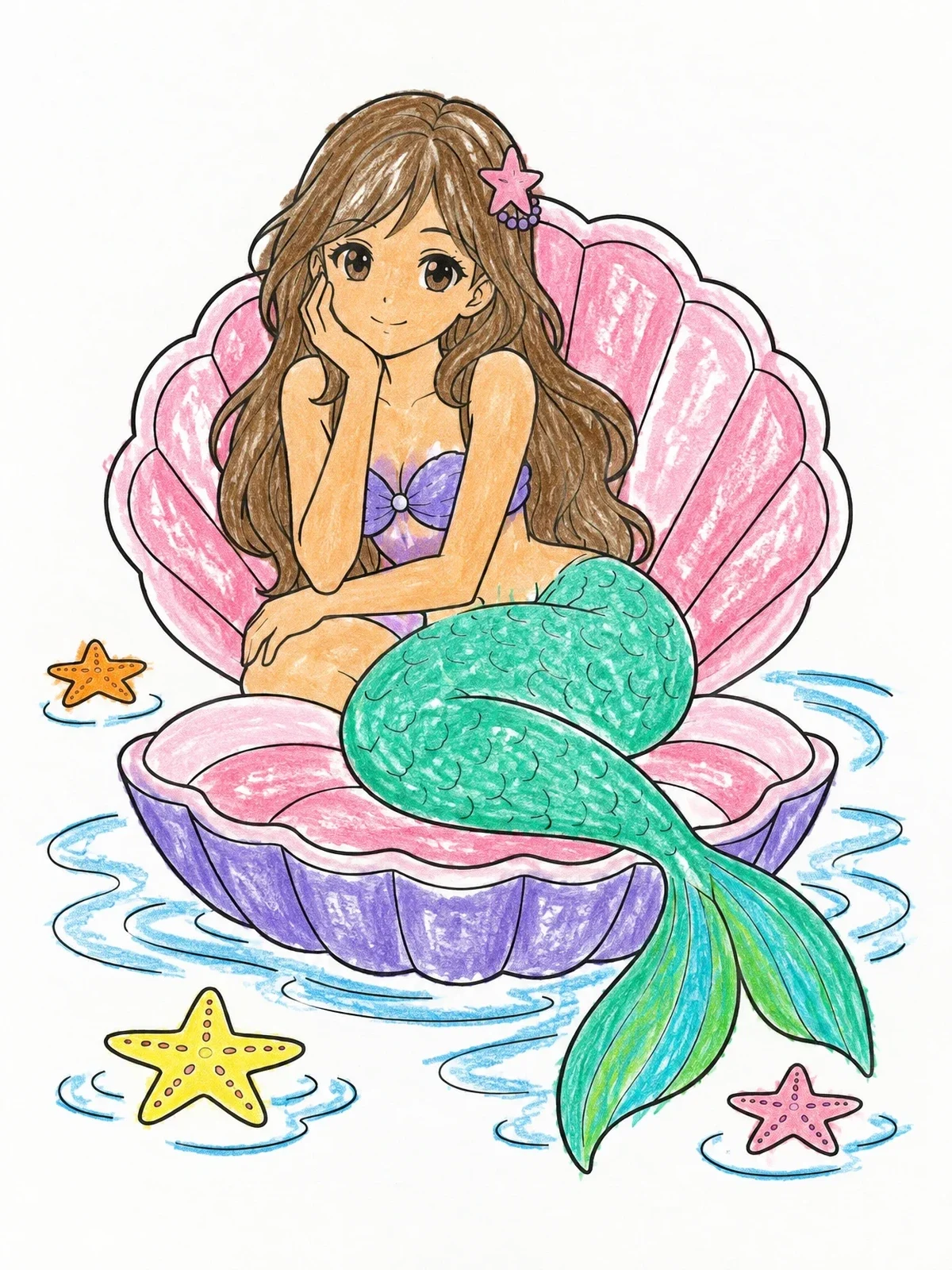 Colored example of the Cute Mermaid Sitting In A Clamshell coloring page