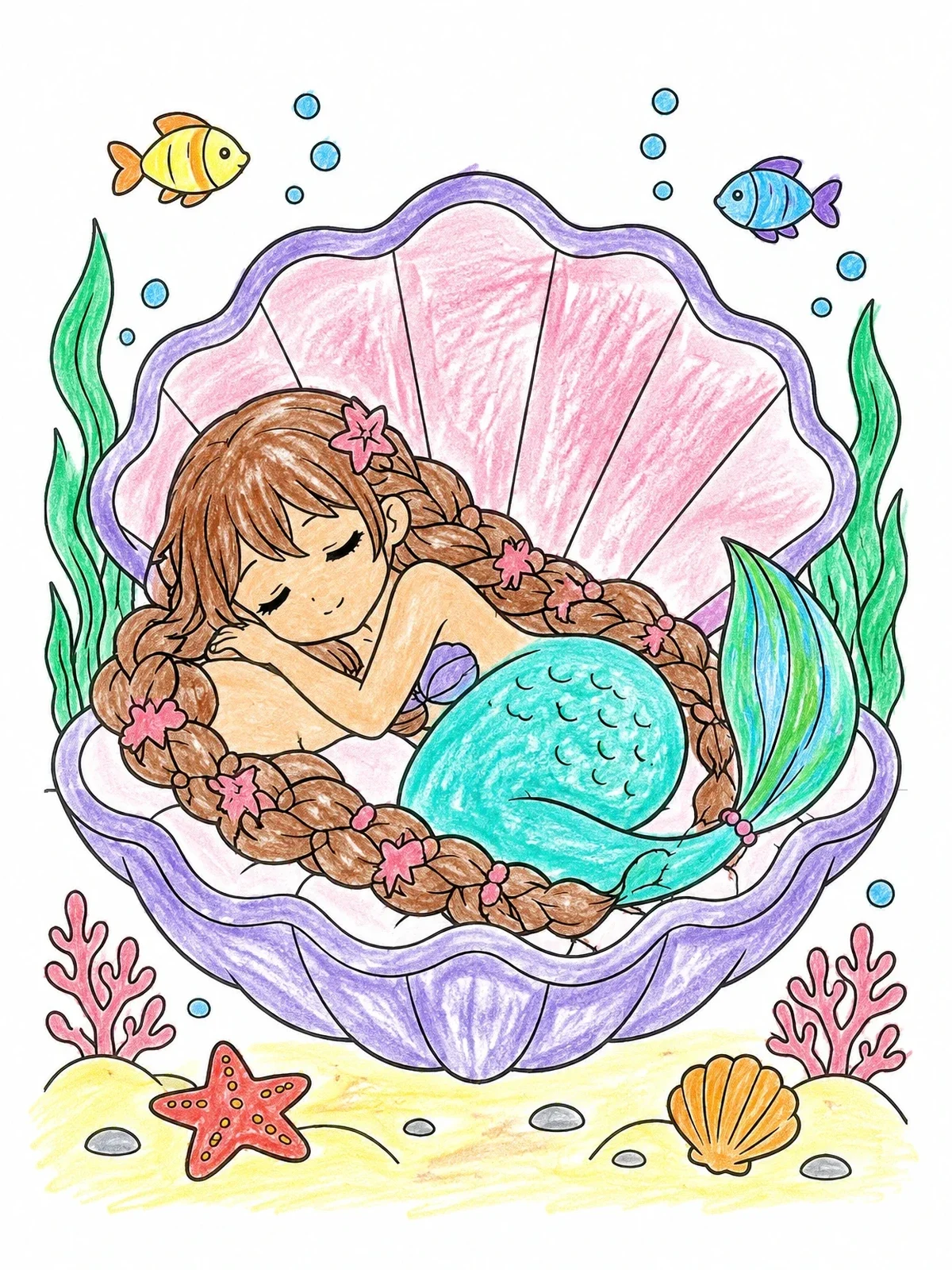 Colored example of the Sleeping Mermaid In Giant Clam Shell coloring page