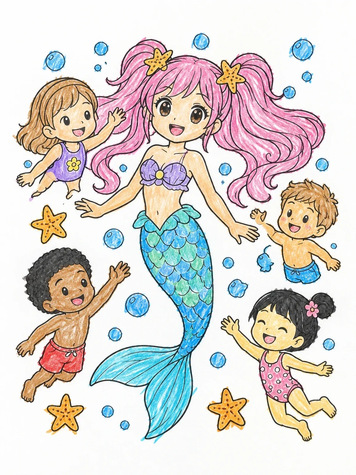 Colored example of the Anime Mermaid Swimming With Happy Children coloring page
