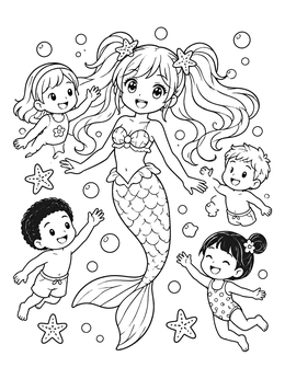 Free printable Anime Mermaid Swimming With Happy Children coloring page