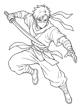 A dynamic anime ninja coloring page showing a masked warrior leaping forward with a sword.