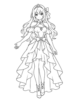 An anime girl coloring page featuring a princess wearing an elegant layered gown and tiara.