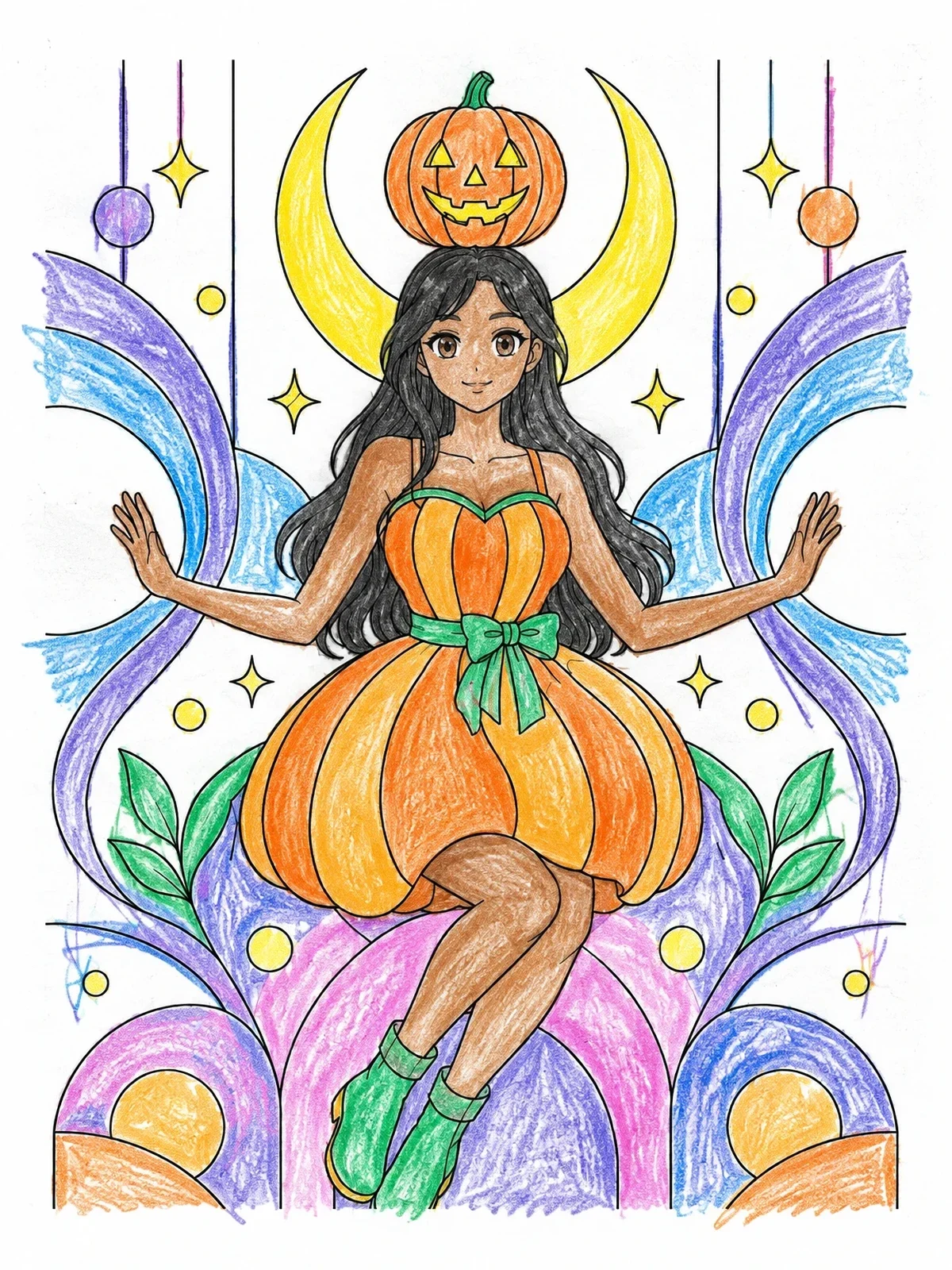 Colored example of the Anime Pumpkin Princess Under The Crescent Moon coloring page