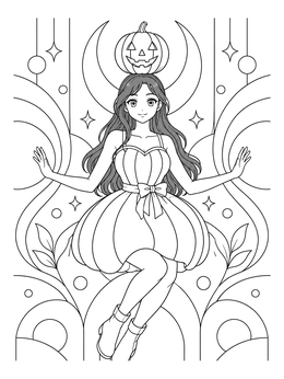 An anime halloween coloring page featuring a girl balancing a carved pumpkin on her head.