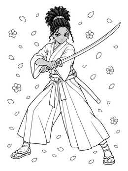 An anime girl warrior coloring page showing a focused samurai maiden with a katana amid cherry blossom petals.