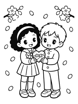 Free printable Anime School Couple With Valentine Heart coloring page