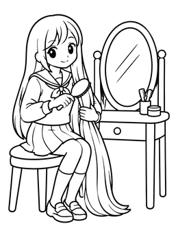 Free printable Anime Schoolgirl Brushing Long Hair coloring page