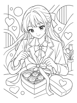 An anime valentines day coloring page showing a schoolgirl tying a ribbon on a heart box of chocolates.