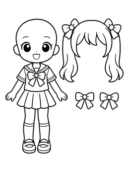An anime girl with sailor uniform and pigtail hairpieces on this paper doll coloring page.