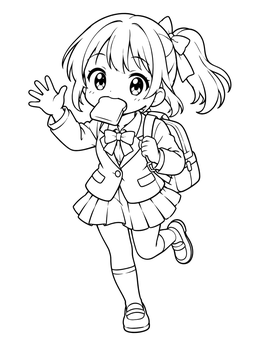 Cheerful anime girl coloring page showing a schoolgirl running with toast in her mouth.
