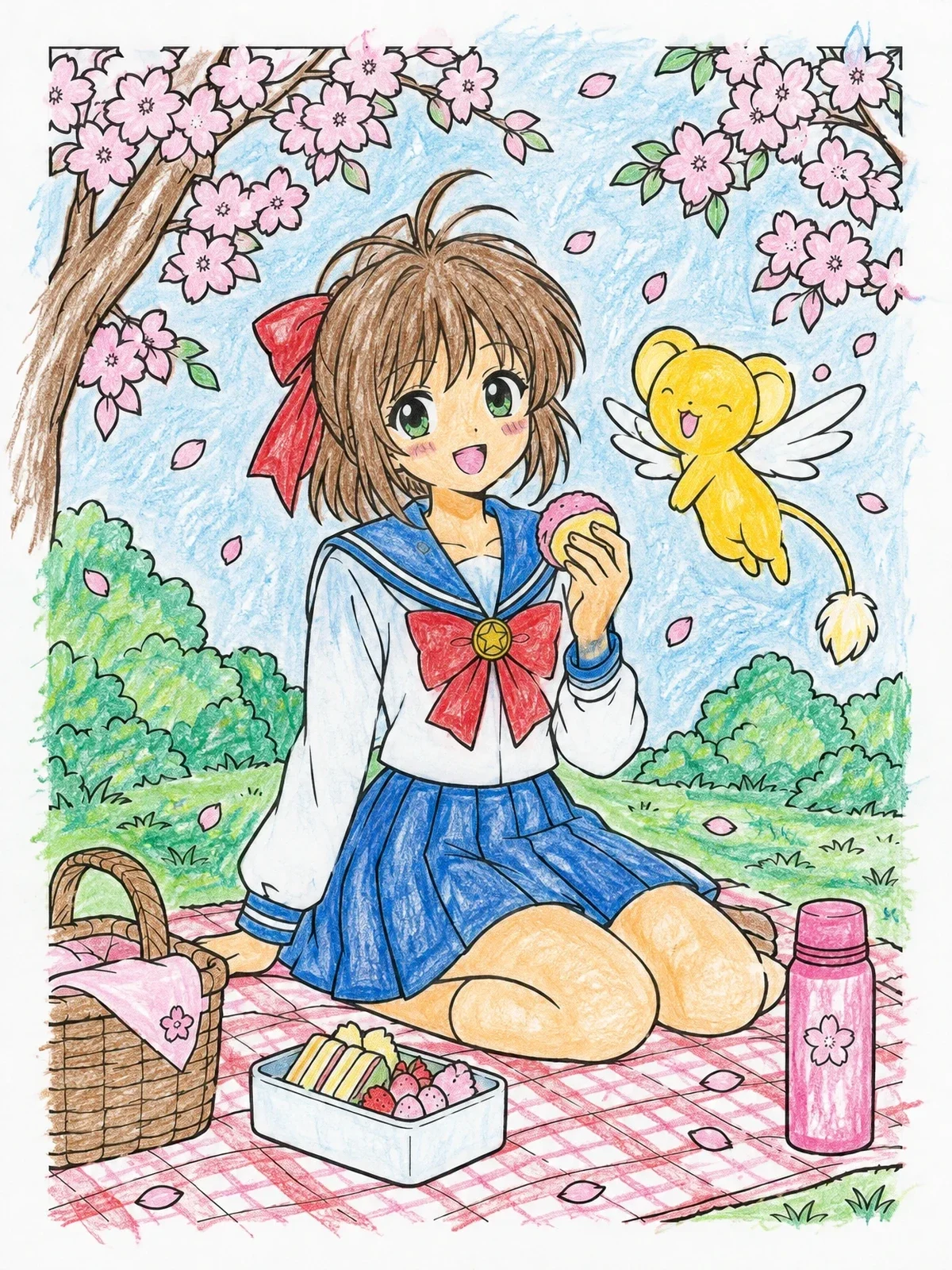 Colored example of the Anime Schoolgirl Picnic Under Cherry Blossoms coloring page