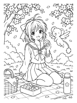 An anime girl on a picnic mat in this sakura coloring page.