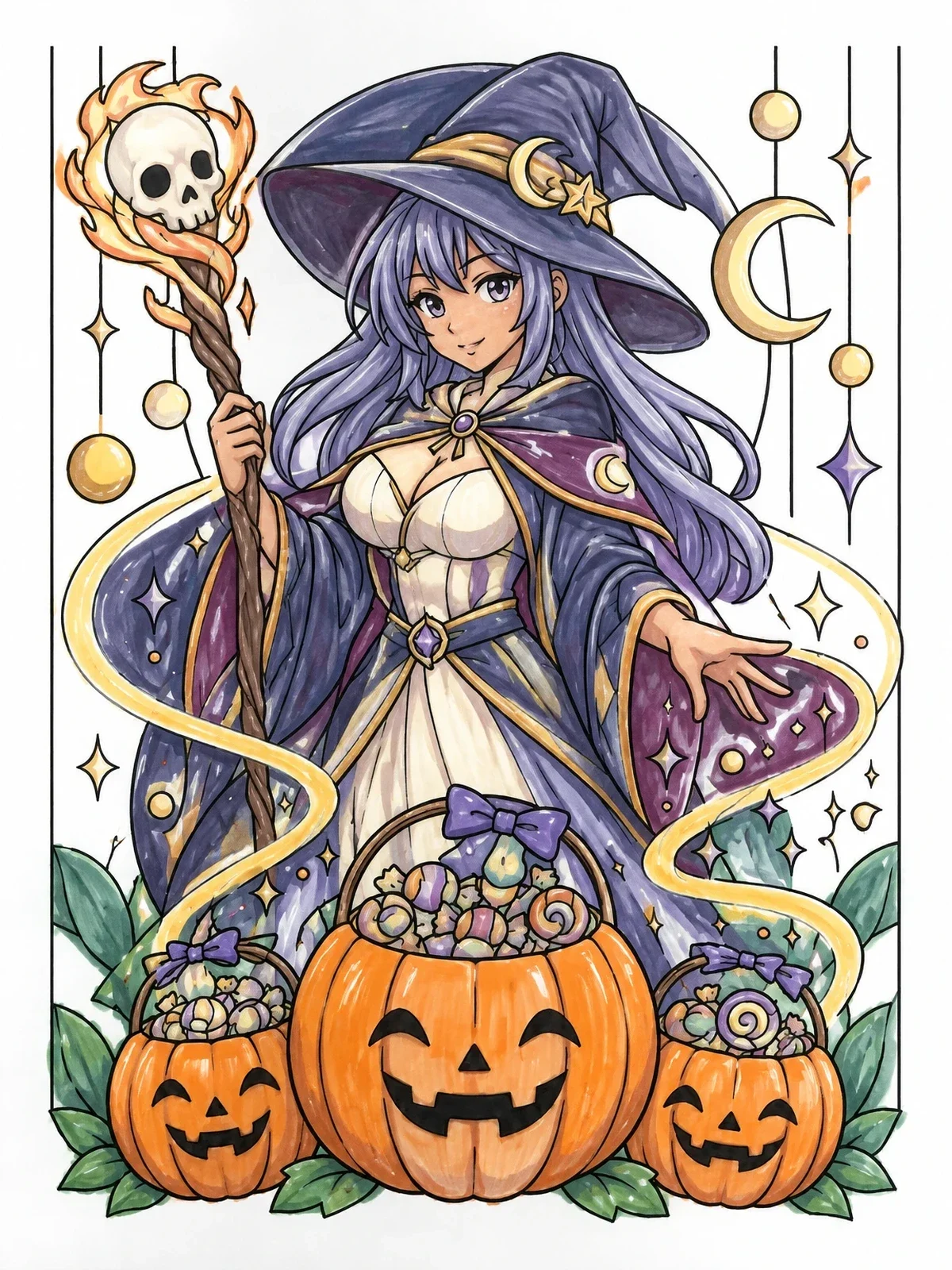 Colored example of the Anime Sorceress With Halloween Pumpkins coloring page