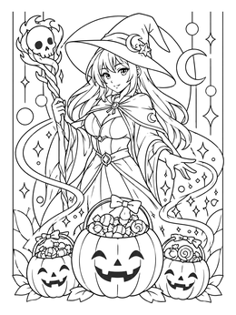 An anime halloween coloring page featuring a magical witch with a skull staff and candy pumpkins.