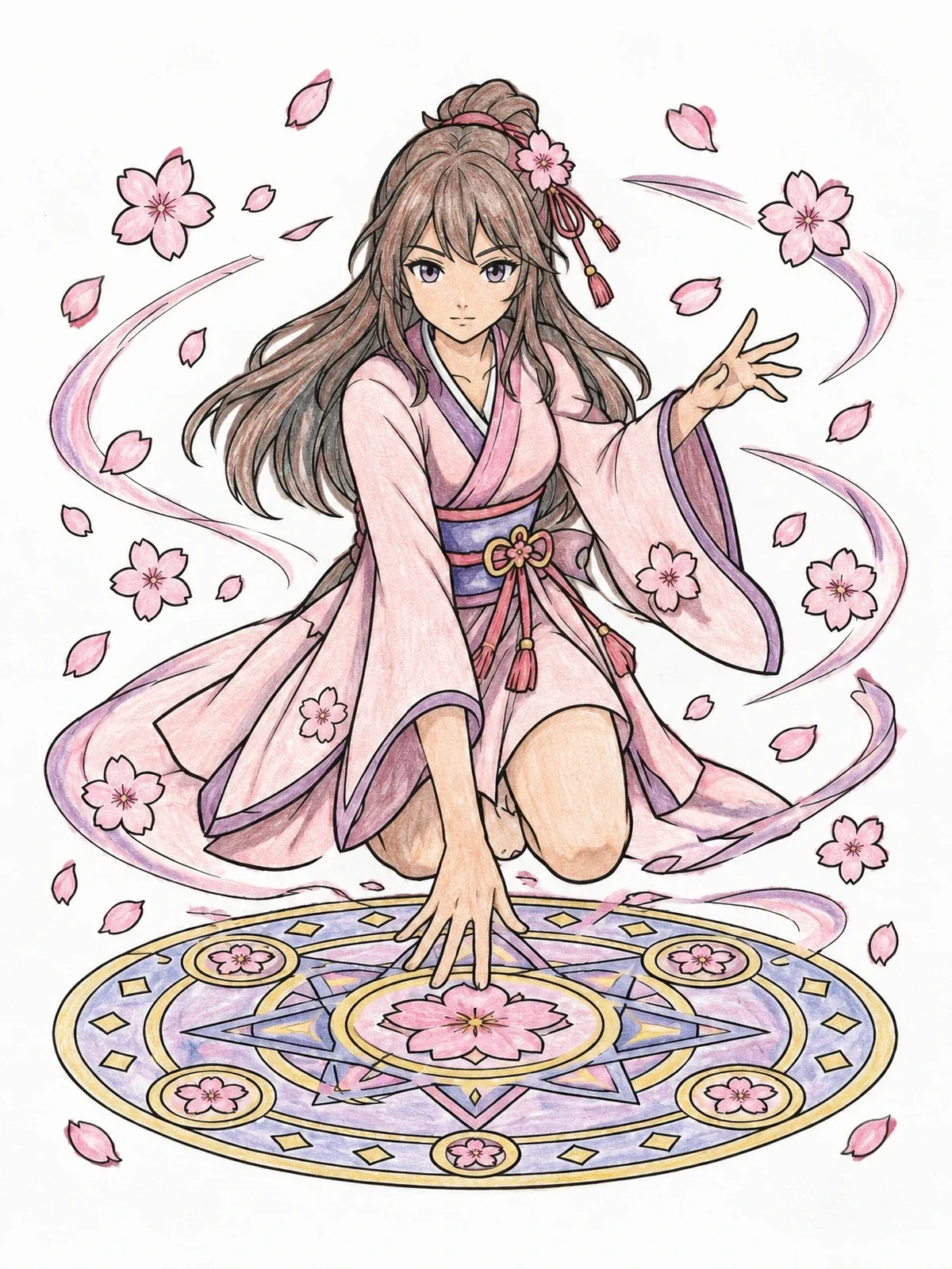 Colored example of the Anime Sorceress With Magic Circle coloring page