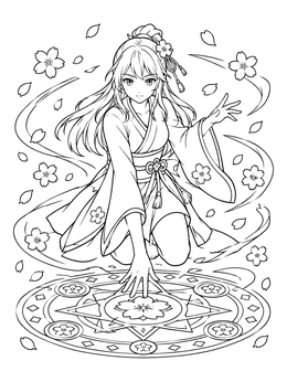 An anime mage summons energy in this sakura coloring page featuring cherry blossoms.