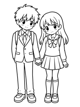 Free printable Cute Anime Students Holding Hands coloring page