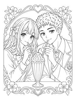 An anime valentines day coloring page showing a young couple sharing a milkshake with two straws.