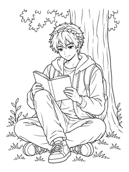 An anime girl coloring page showing a teen sitting under a tree reading an open book.