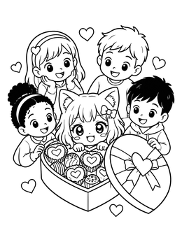 Free printable Cat Girl In A Valentine Chocolate Box coloring page