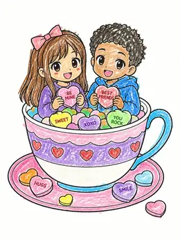 Chibi Friends In Candy Teacup – Anime Valentines Day Coloring Page