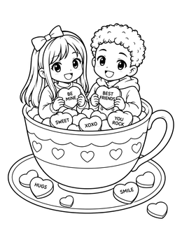 An anime valentines day coloring page showing two smiling chibi friends sitting in a teacup with candy hearts.