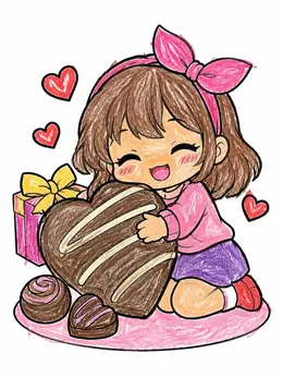 Chibi Girl Hugging Heart Chocolate – Anime Valentines Day Coloring Page