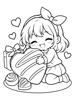 Free printable Chibi Girl Hugging Heart Chocolate coloring page