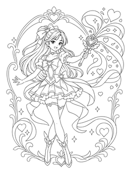 An anime valentines day coloring page showing a magical girl casting heart ribbons with her wand.