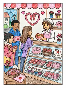 Valentine Bakery With Sweet Treats – Anime Valentines Day Coloring Page