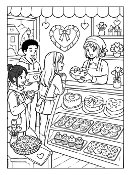 Free printable Valentine Bakery With Sweet Treats coloring page