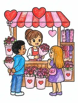 Valentine Flower Shop Surprise – Anime Valentines Day Coloring Page