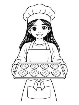 An anime valentines day coloring page showing a smiling girl in a chef hat holding a tray of heart cookies.