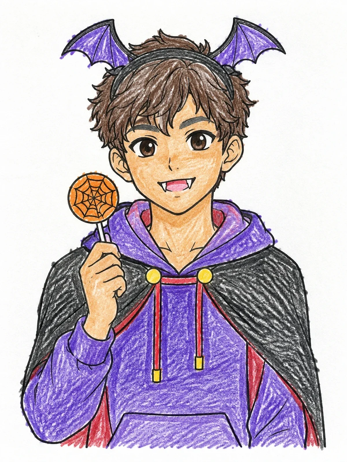 Colored example of the Anime Vampire Boy With Bat Headband coloring page