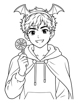 An anime halloween coloring page of a smiling boy with vampire fangs holding a lollipop.