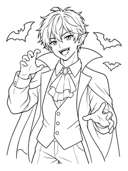 An anime halloween coloring page featuring a cheerful young vampire posing playfully surrounded by bats.