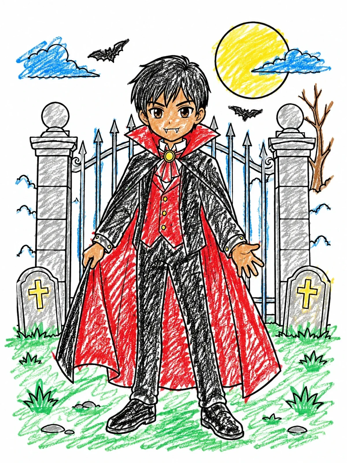 Colored example of the Anime Vampire Boy At Graveyard Gate coloring page