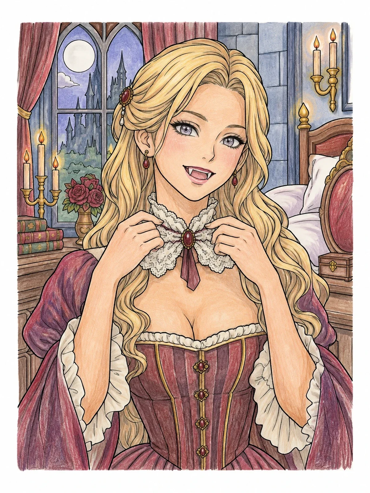 Colored example of the Anime Vampire Lady In Castle coloring page