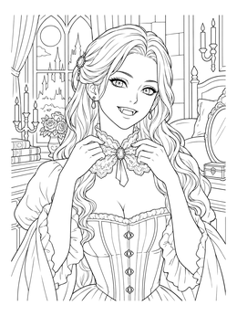 Smiling anime vampire coloring page with fangs and lace collar inside a gothic bedroom.