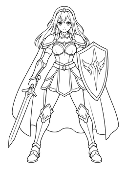 An anime girl warrior coloring page showing a brave knight with sword, shield, and armor.