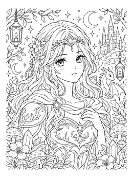 An anime girl warrior coloring page with a castle, tiara, and miniature dragon.