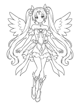An anime fairy coloring page featuring a winged magical girl with twin tails and a ruffled dress.
