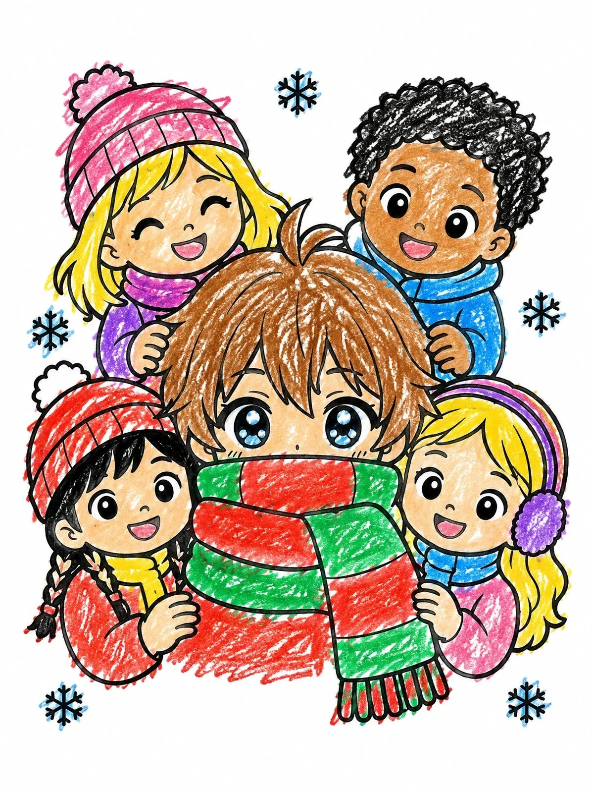 Colored example of the Cute Anime Winter Friends Gathering coloring page