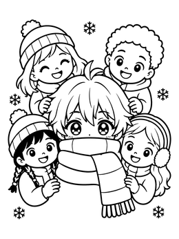 A cozy anime eyes coloring page with smiling kids wearing winter gear and scarves.