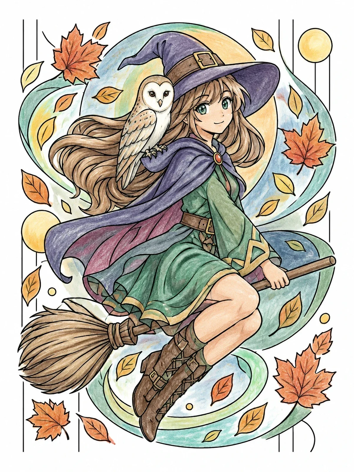 Colored example of the Anime Witch Flying With Barn Owl coloring page