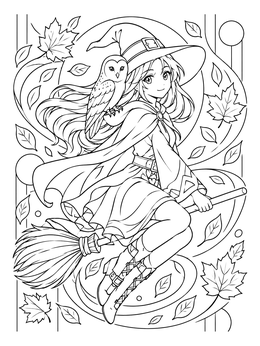 An anime witch coloring page featuring a girl flying on a broom with a small owl among autumn leaves.