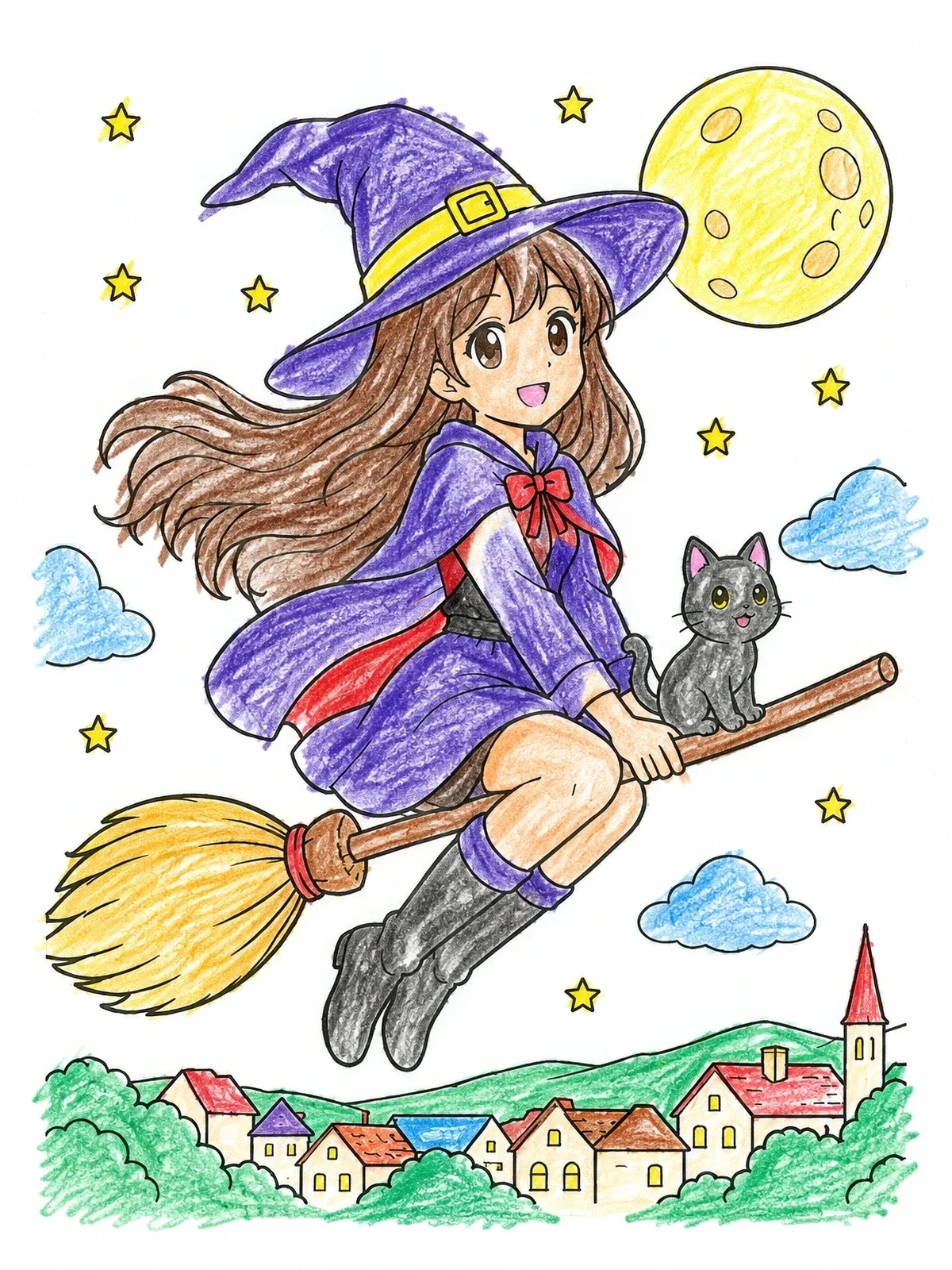 Colored example of the Anime Witch Flying On Broomstick coloring page