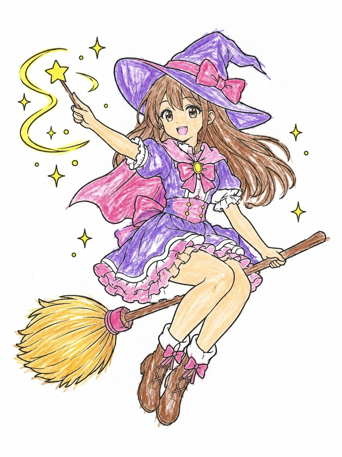 Colored example of the Young Anime Witch On Flying Broomstick coloring page